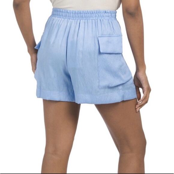 Zara Satin Effect Cargo Short Womens XS Extra Small Crinkle Blue Faux Fly Pocket - Picture 2 of 13